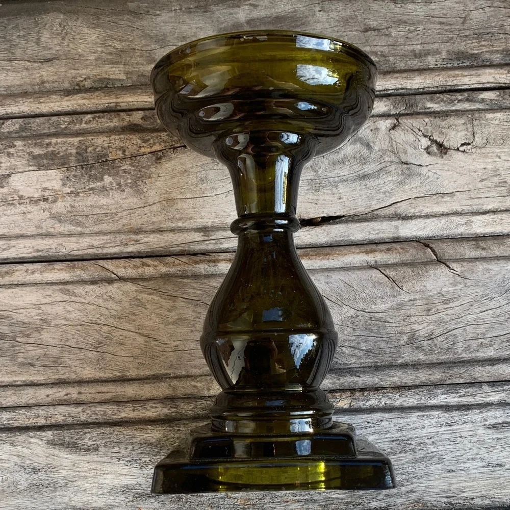 Vintage Smoky Green Glass Pedestal Candle Holder - Picture 5 of 11